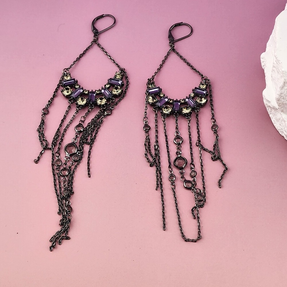 Purple Rhinestone Chain Chandelier Earrings Gunmetal Gothic Statement Dangle